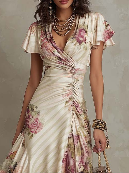 Alba | Elegante vestido de satén con estampado floral de estilo retro