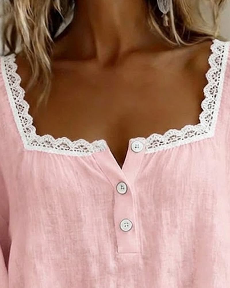 Blusa de encaje con cuello cuadrado y mangas abullonadas