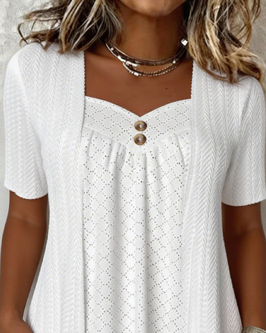 Blusa efecto capa falsa con cuello cuadrado y patchwork