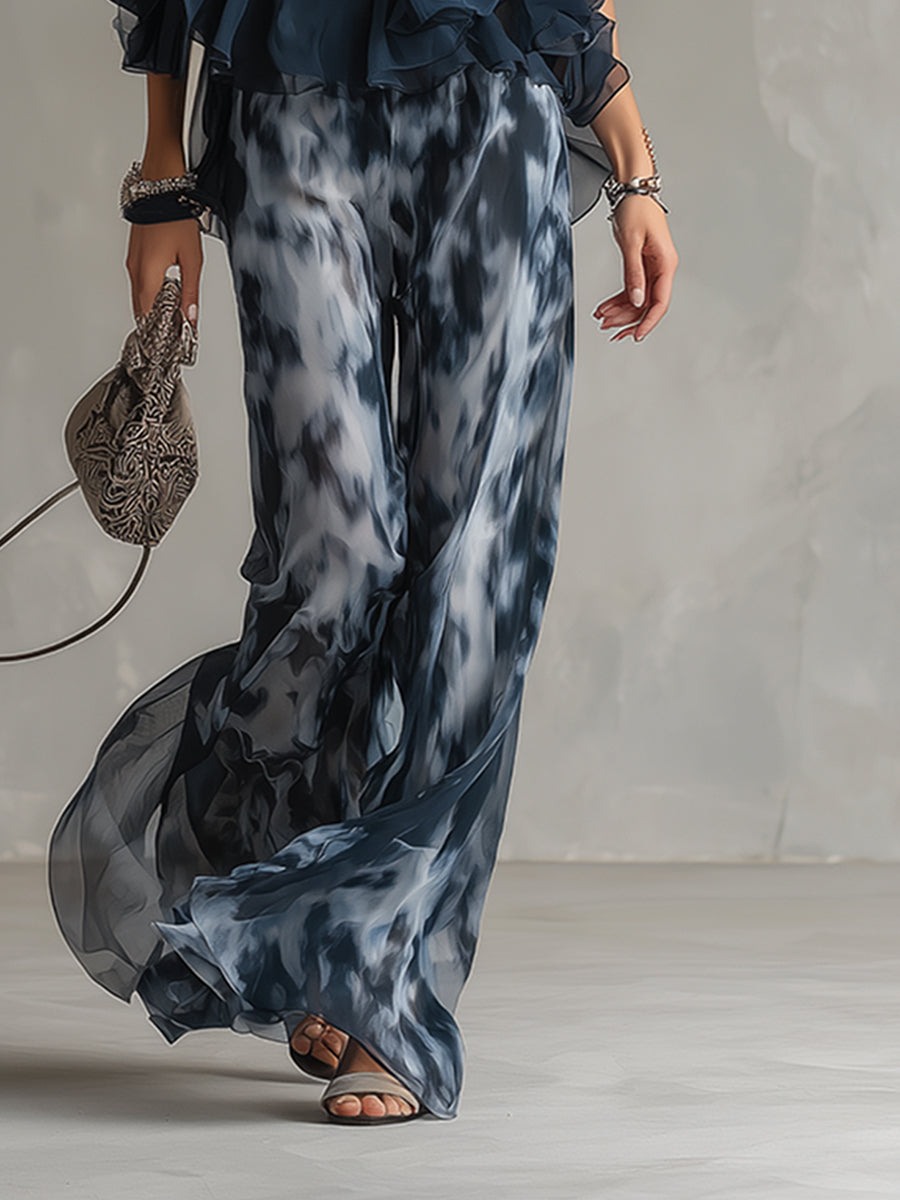 Ludovica | Elegante conjunto de gasa con top de cuello alto y pantalones anchos estampados