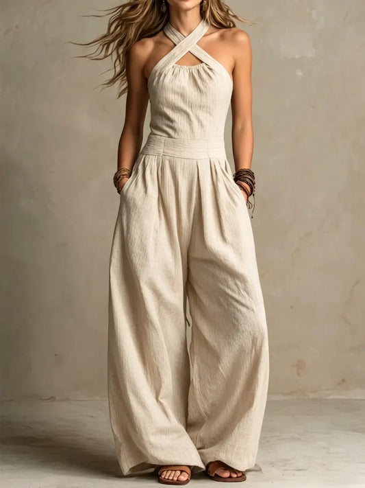 Bianca — Mono elegante de lino y algodón con escote cruzado