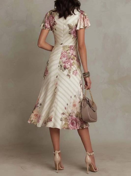 Alba | Elegante vestido de satén con estampado floral de estilo retro