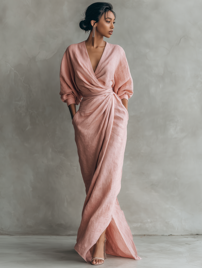 Nina | Vestido largo minimalista de lino rosa