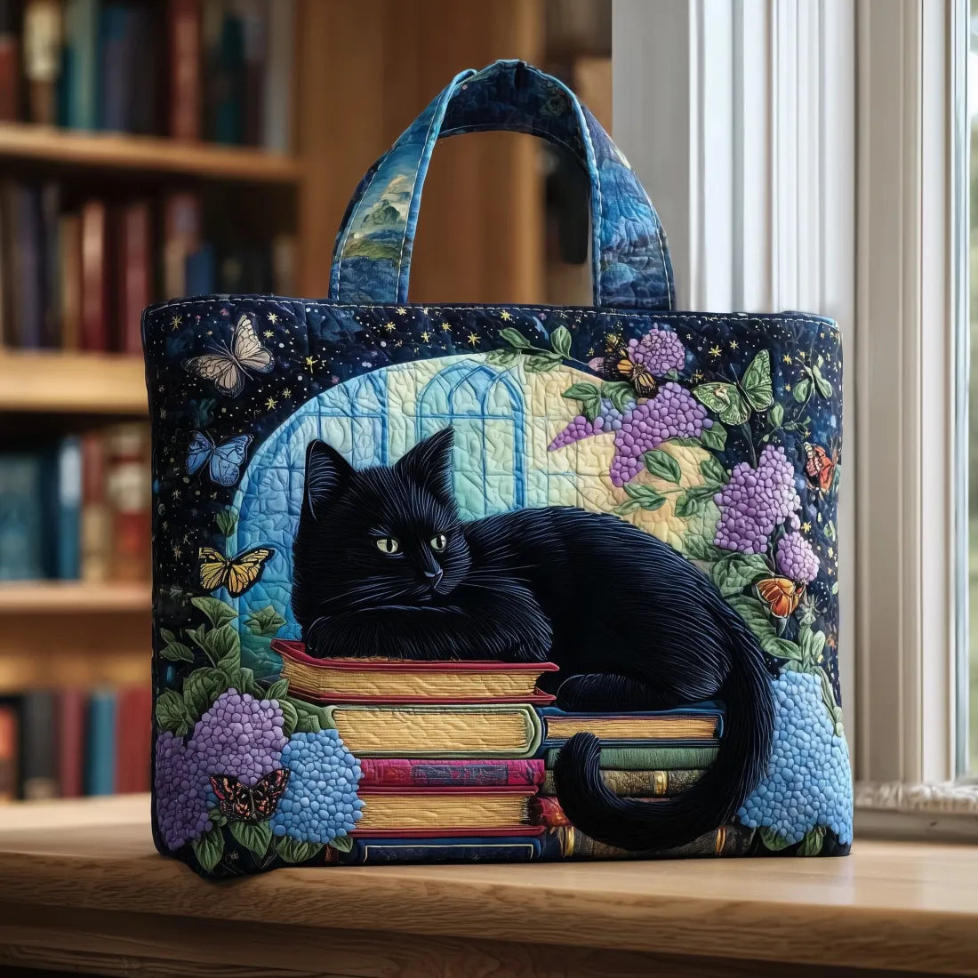 Bolso Artesanal Gato Negro sobre Libros