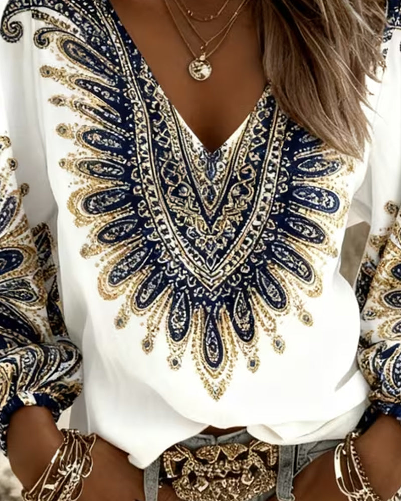 Top con cuello en V y estampado retro