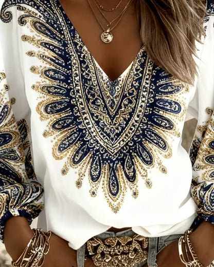 Top con cuello en V y estampado retro
