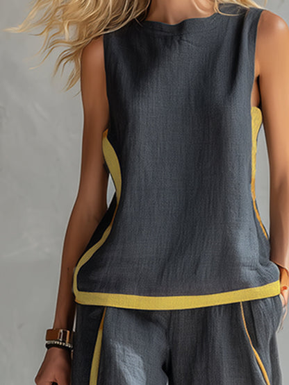 Leila - Conjunto elegante y casual de chaleco y pantalones de algodón y lino gris con bordes en dos tonalidades.
