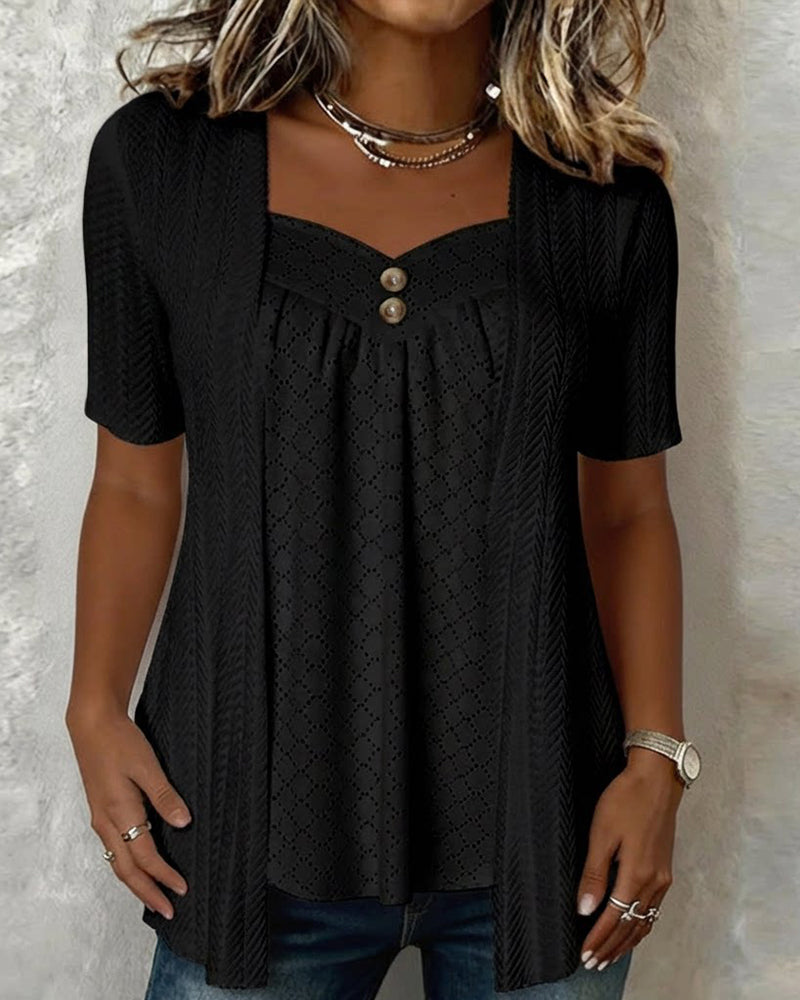 Blusa efecto capa falsa con cuello cuadrado y patchwork