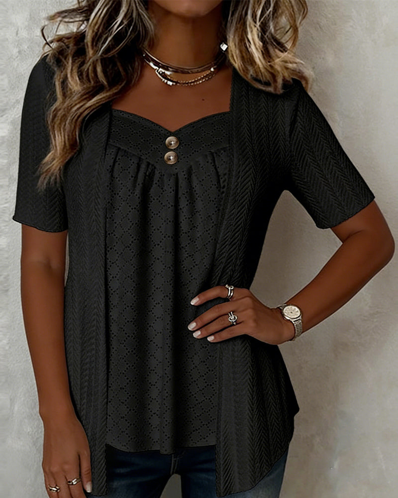 Blusa efecto capa falsa con cuello cuadrado y patchwork