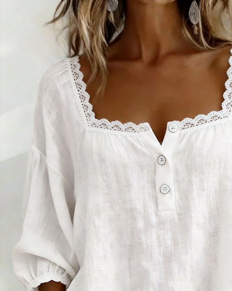 Blusa de encaje con cuello cuadrado y mangas abullonadas