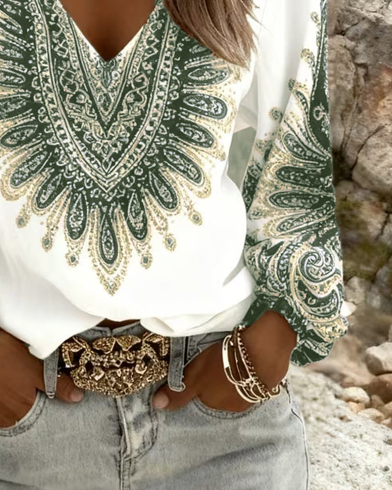 Top con cuello en V y estampado retro