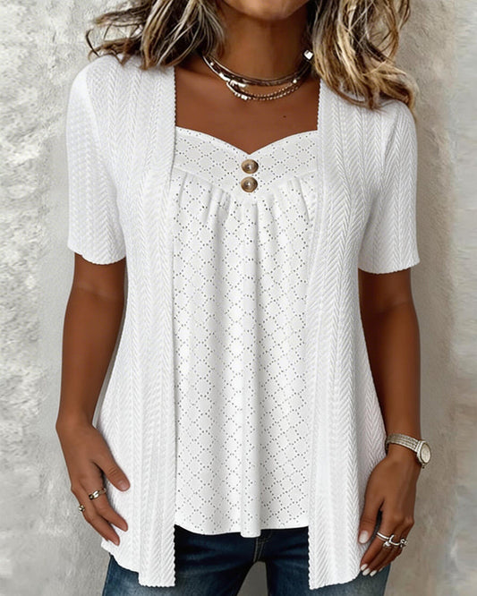 Blusa efecto capa falsa con cuello cuadrado y patchwork