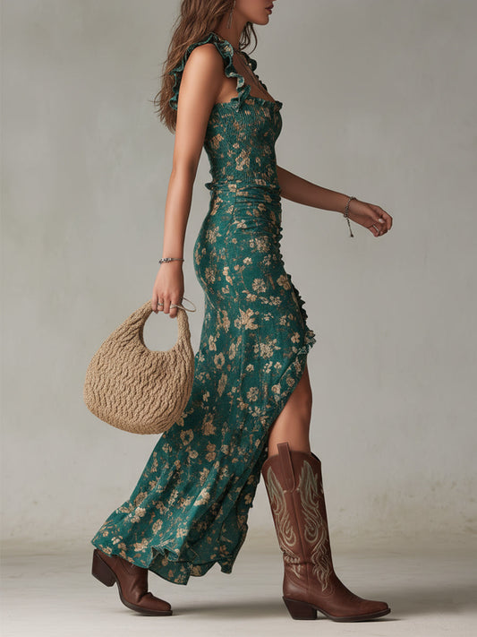 Zara | Vestido largo de estilo boho retro con mangas fruncidas y abertura alta