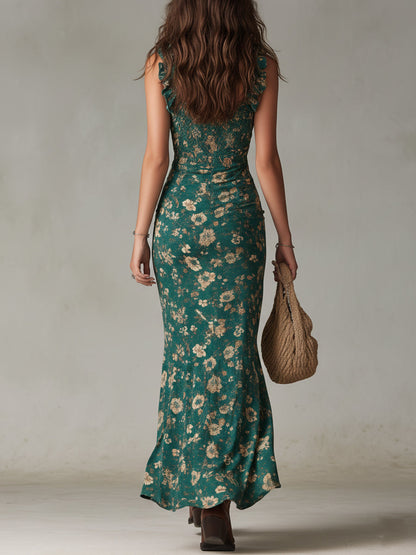 Zara | Vestido largo de estilo boho retro con mangas fruncidas y abertura alta