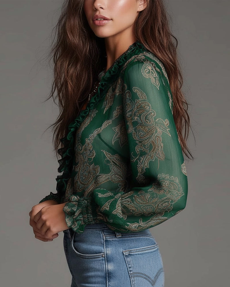 Blusa retro con media cremallera y volante