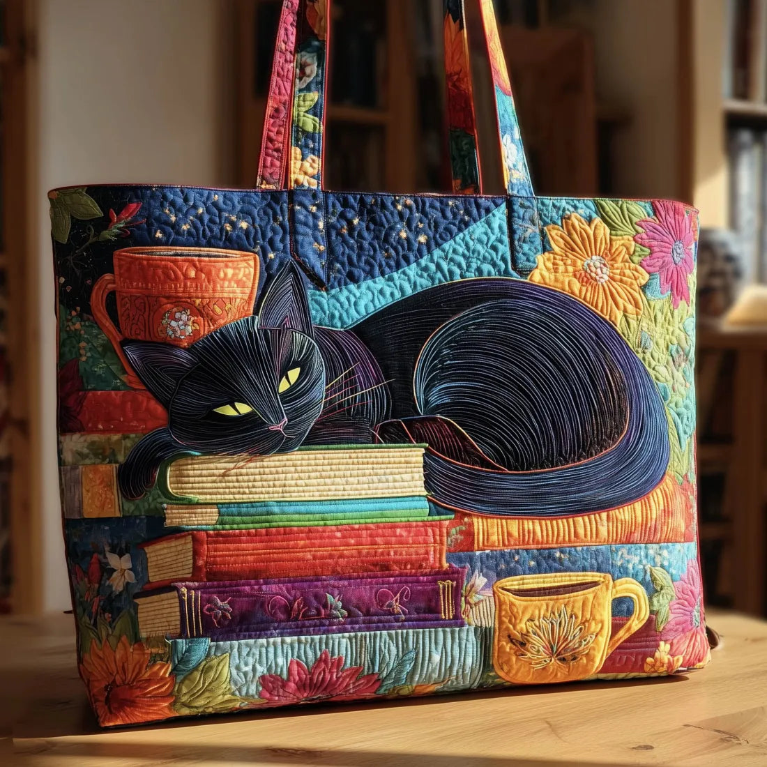 Bolso Artesanal Gato Negro con Libros y Tazas
