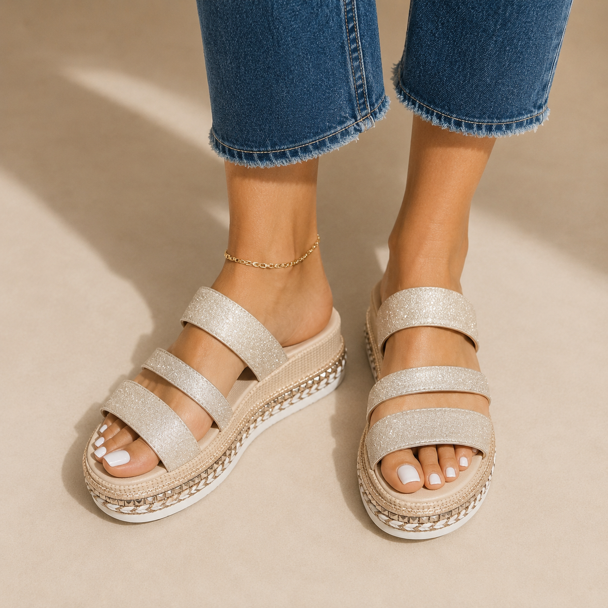 VANESSA | Sandalias de Cuña con Brillo y Diseño Glamour para el Verano