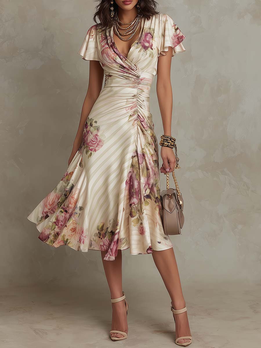 Alba | Elegante vestido de satén con estampado floral de estilo retro