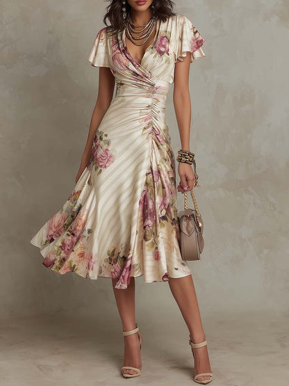 Alba | Elegante vestido de satén con estampado floral de estilo retro
