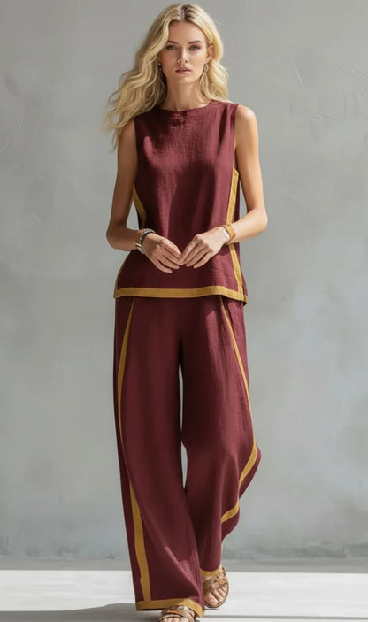 Leila - Conjunto elegante y casual de chaleco y pantalones de algodón y lino gris con bordes en dos tonalidades.
