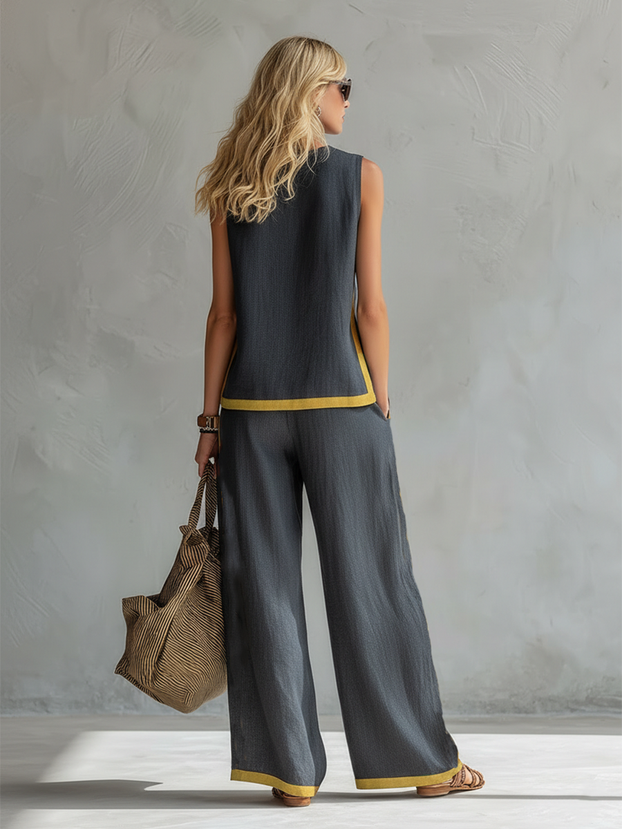 Leila - Conjunto elegante y casual de chaleco y pantalones de algodón y lino gris con bordes en dos tonalidades.