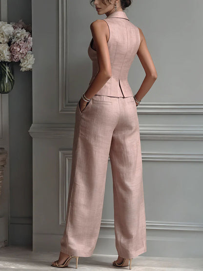 Traje de dos piezas con cuello en V y botones para mujer