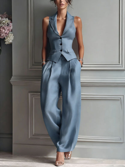 Traje de dos piezas con cuello en V y botones para mujer