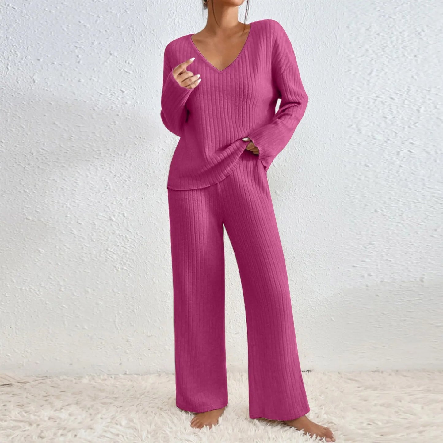 Zavelli | Conjunto completo de dos piezas con pantalones y top con escote en V