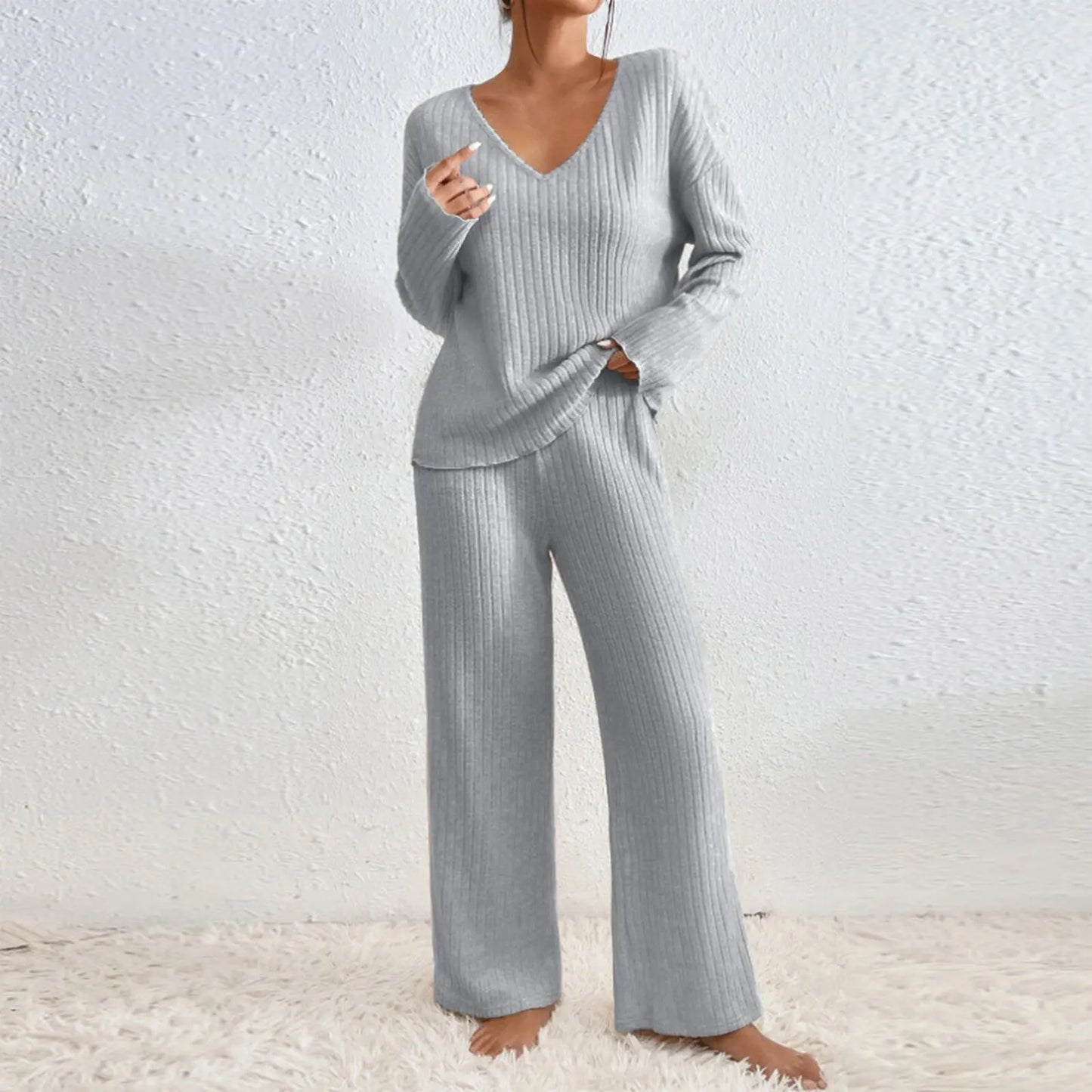 Zavelli | Conjunto completo de dos piezas con pantalones y top con escote en V
