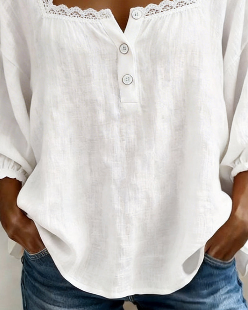 Blusa de encaje con cuello cuadrado y mangas abullonadas