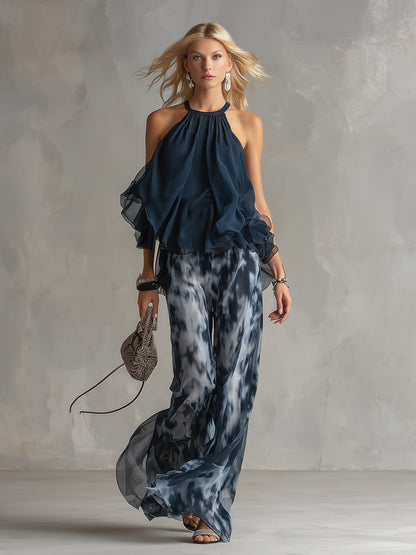 Ludovica | Elegante conjunto de gasa con top de cuello alto y pantalones anchos estampados