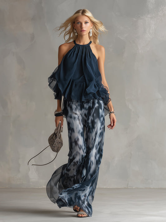 Ludovica | Elegante conjunto de gasa con top de cuello alto y pantalones anchos estampados