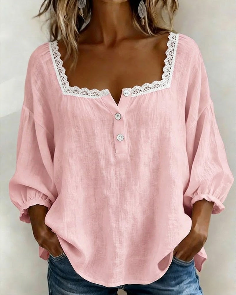 Blusa de encaje con cuello cuadrado y mangas abullonadas
