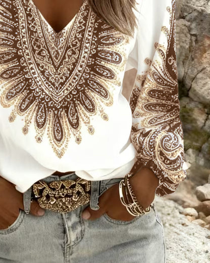 Top con cuello en V y estampado retro