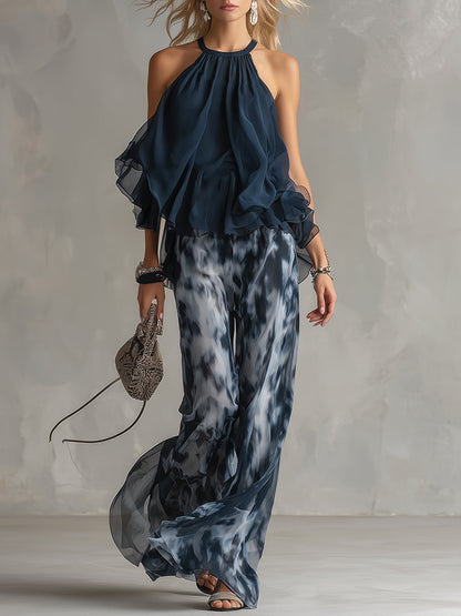 Ludovica | Elegante conjunto de gasa con top de cuello alto y pantalones anchos estampados