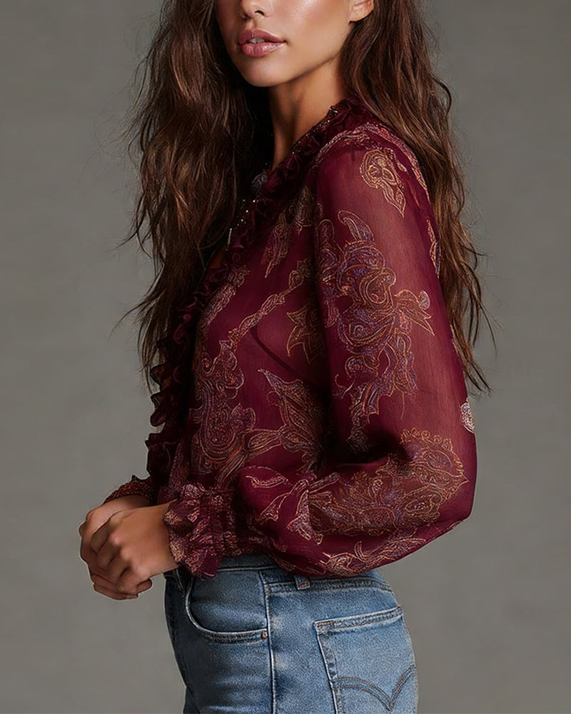 Blusa retro con media cremallera y volante