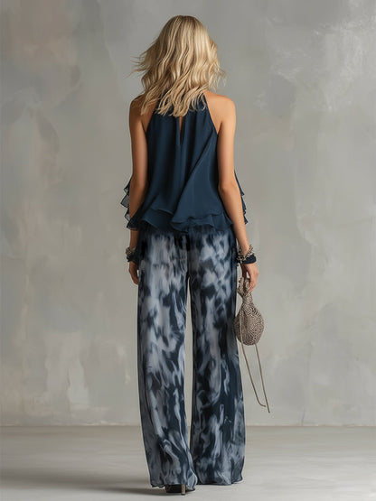 Ludovica | Elegante conjunto de gasa con top de cuello alto y pantalones anchos estampados
