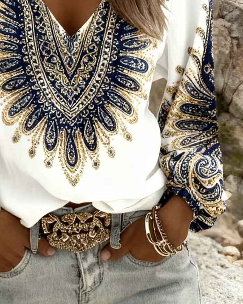Top con cuello en V y estampado retro