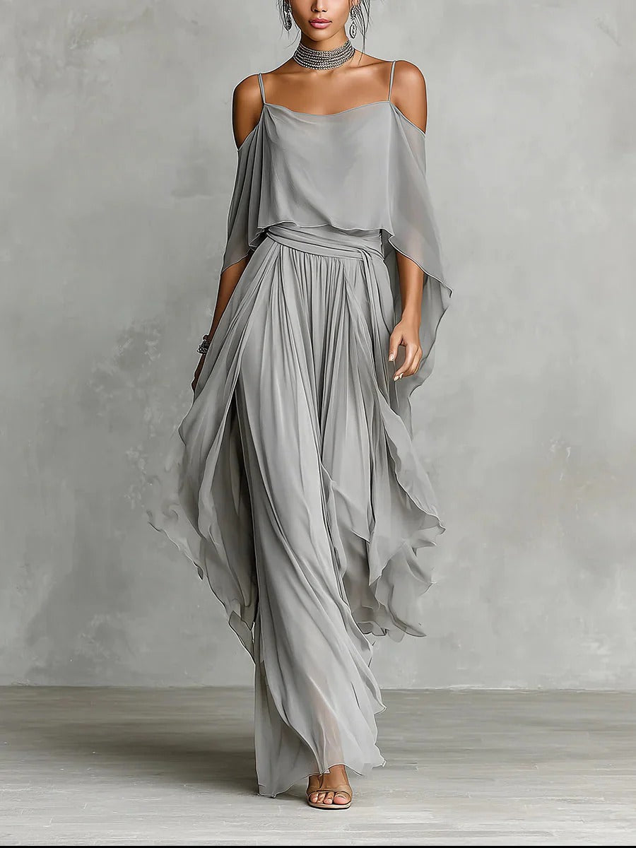 Isabela | Conjunto gris fluido con top de tirantes y pantalones ligeros