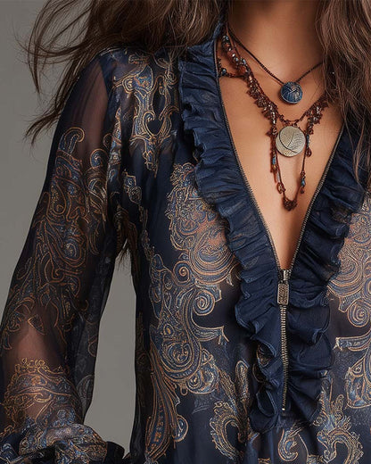 Blusa retro con media cremallera y volante