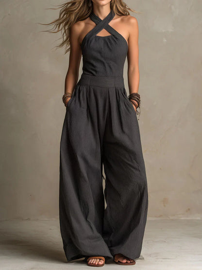 Bianca — Mono elegante de lino y algodón con escote cruzado